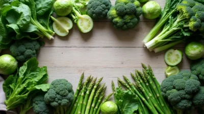 Bright flat-lay of fresh green vegetables including spinach, kale, broccoli, Brussels sprouts, asparagus, Swiss chard, watercress, bok choy, peas, and collard greens.