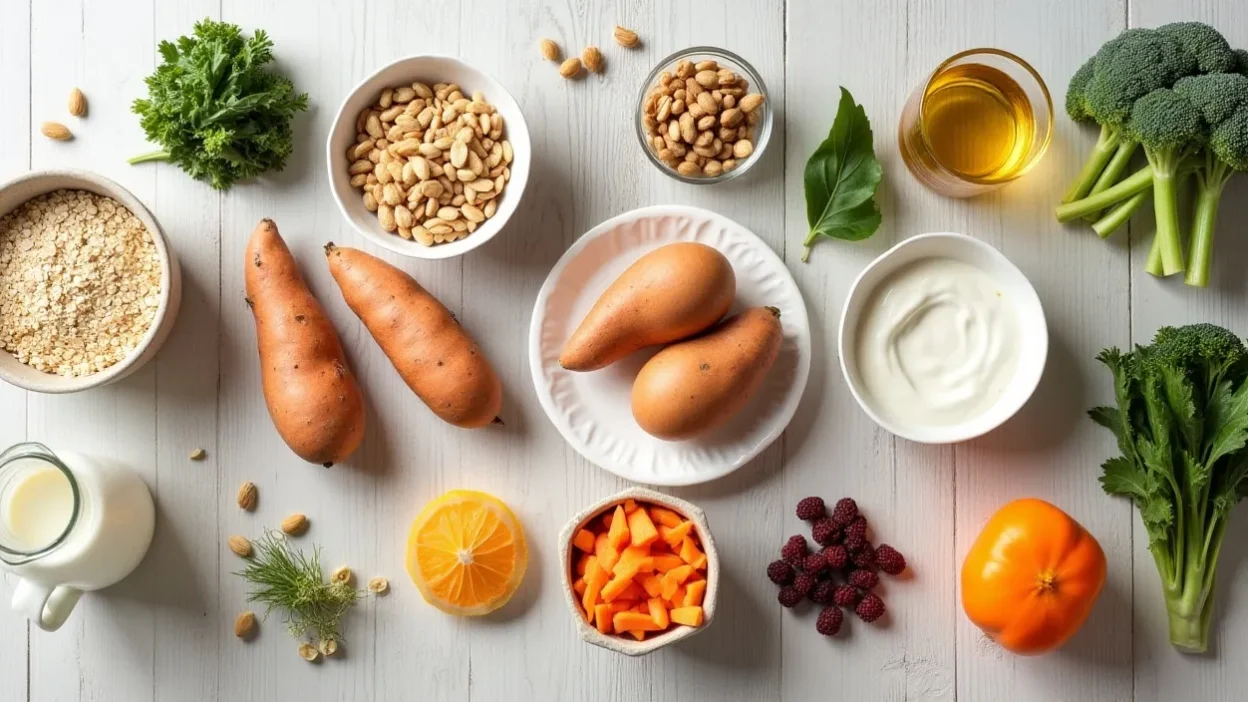 Flat-lay of fitness foods including oats, yoghurt, eggs, sweet potatoes, oily fish, greens, nuts, seeds, dried fruit, and milk.