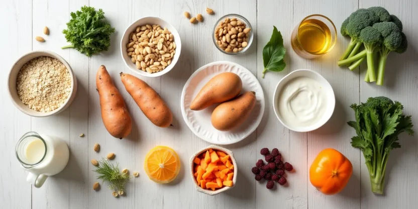 Flat-lay of fitness foods including oats, yoghurt, eggs, sweet potatoes, oily fish, greens, nuts, seeds, dried fruit, and milk.