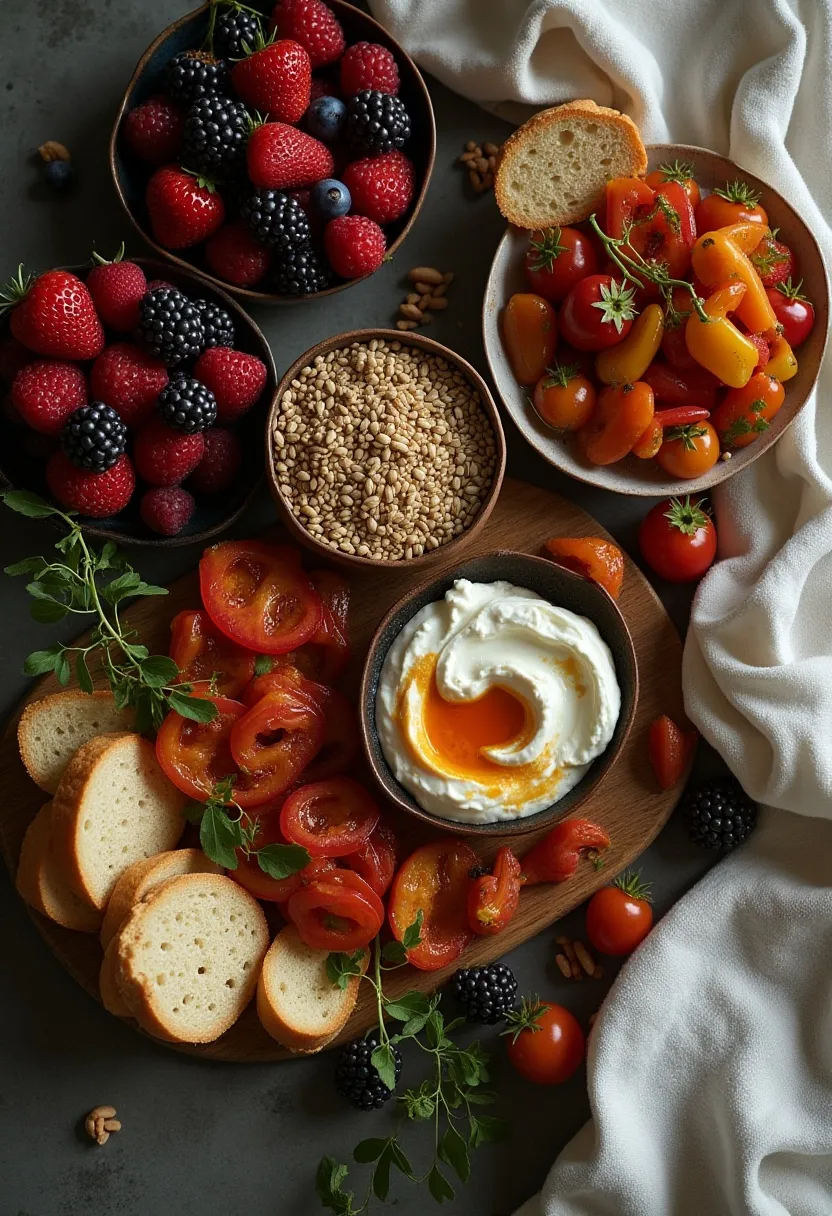 Artistic flat-lay showing vibrant healthy foods like berries, roasted vegetables, yoghurt, wholegrains, and nuts contrasted with a few refined carbs.
