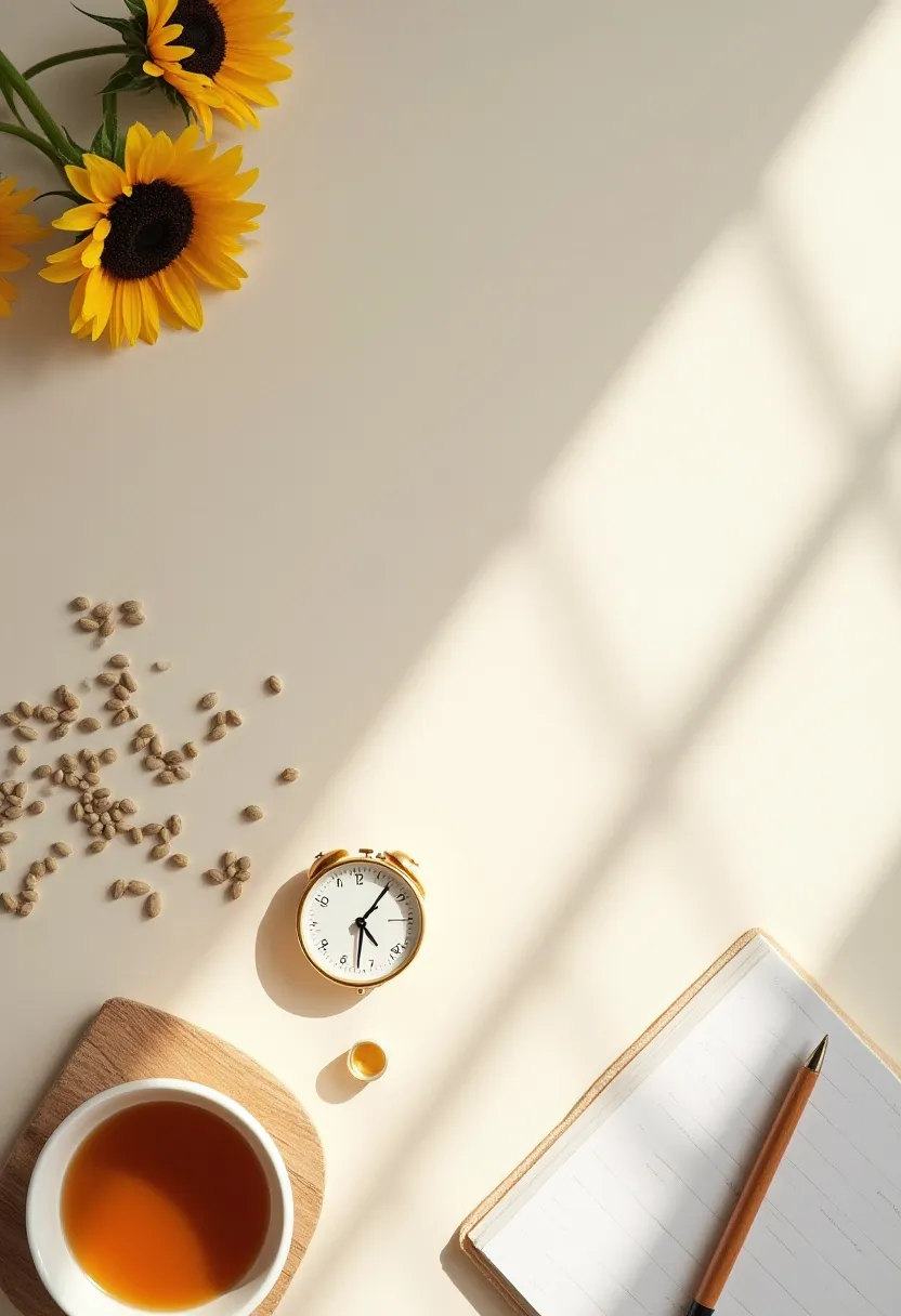 Calming flat-lay with an hourglass, herbal tea, berries, avocado, and spinach symbolizing the daily rhythm and rise of cortisol.