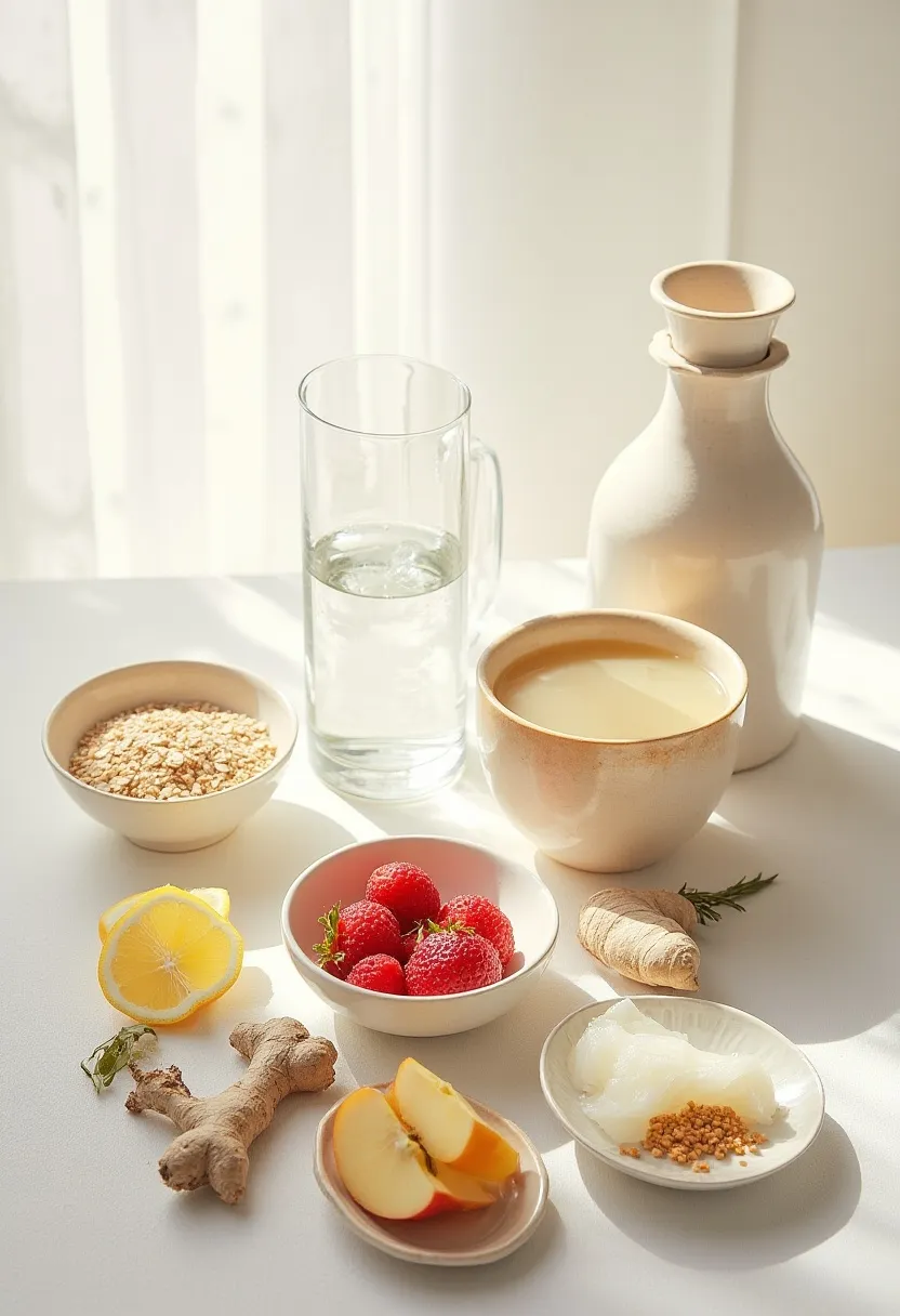 Flat-lay of hydration, fiber-rich foods, fruit, and probiotics representing the basics of healthy digestion.