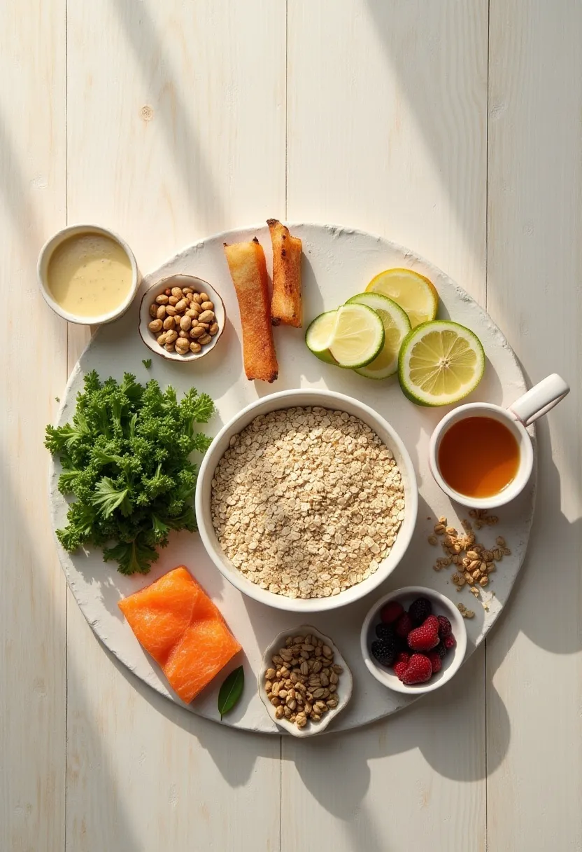 Balanced foods like wholegrains, vegetables, lean protein, fruit, and nuts arranged in a warm flat-lay to illustrate how diet supports pre-diabetes.
