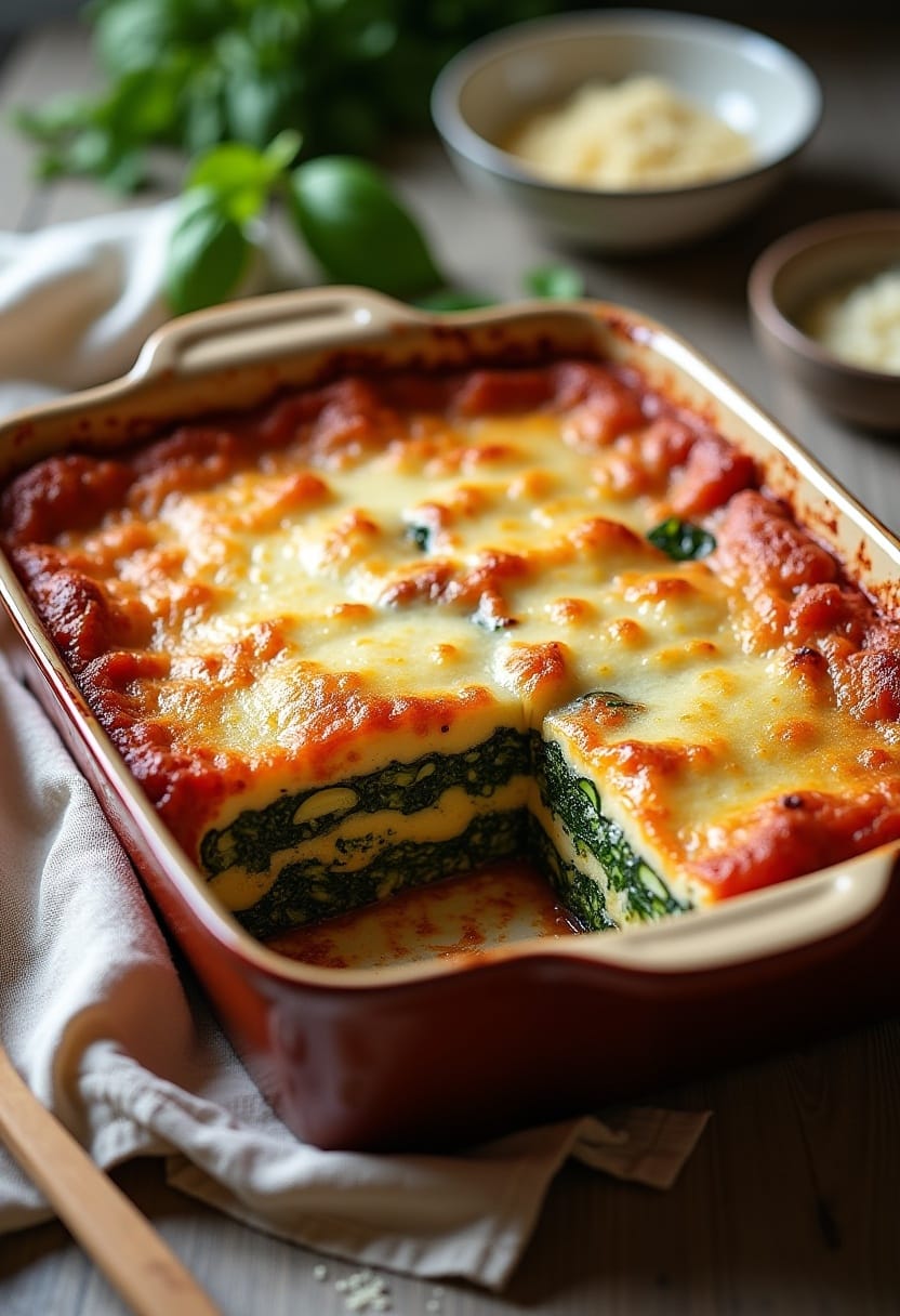Freshly baked vegetable lasagne with golden cheese and layers of hidden greens in a rustic ceramic dish, photographed in warm natural light.