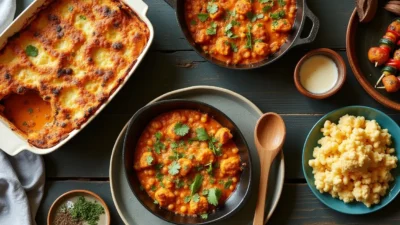 Overhead view of a cozy table filled with comforting vegetarian dishes — lasagne, curry, mac and cheese, and veggie skewers — in warm natural light.