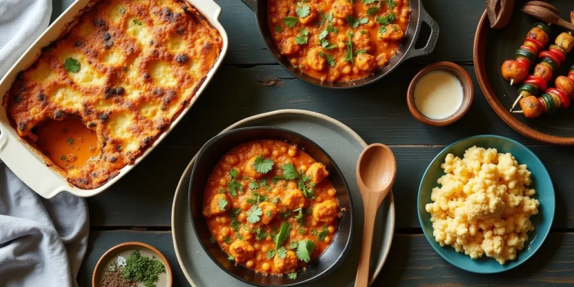 Overhead view of a cozy table filled with comforting vegetarian dishes — lasagne, curry, mac and cheese, and veggie skewers — in warm natural light.