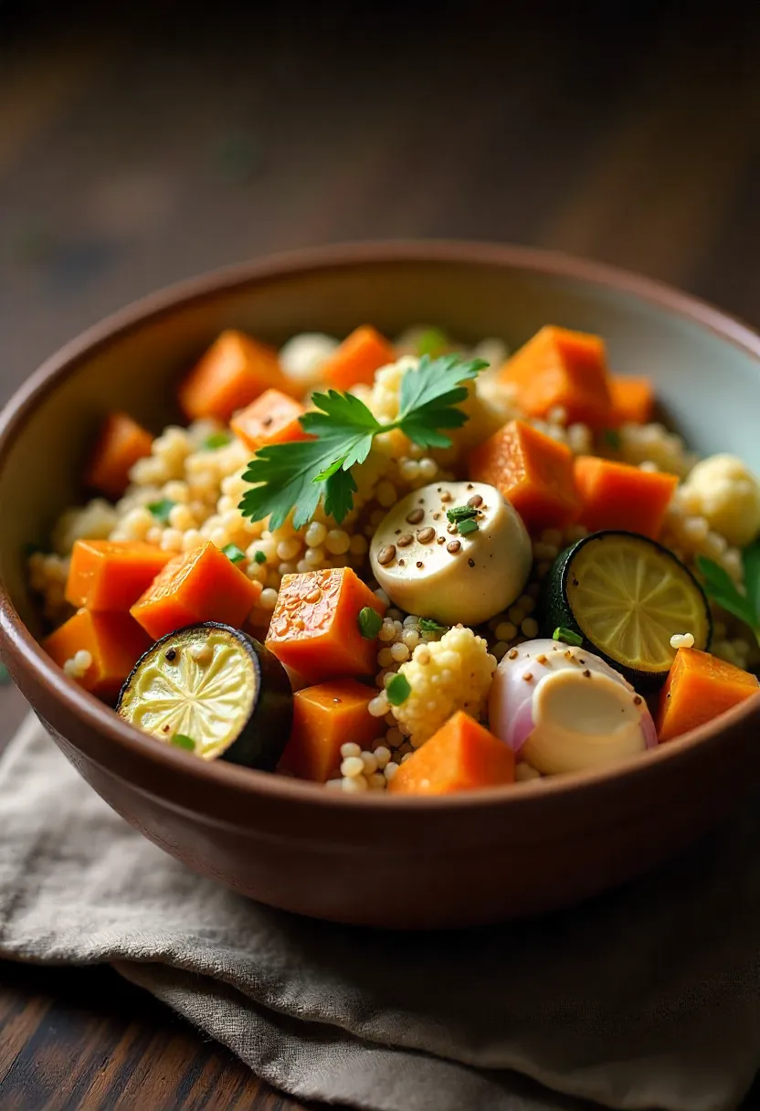 Warm quinoa bowl with roasted vegetables, tahini sauce, and fresh herbs served in a rustic ceramic bowl.