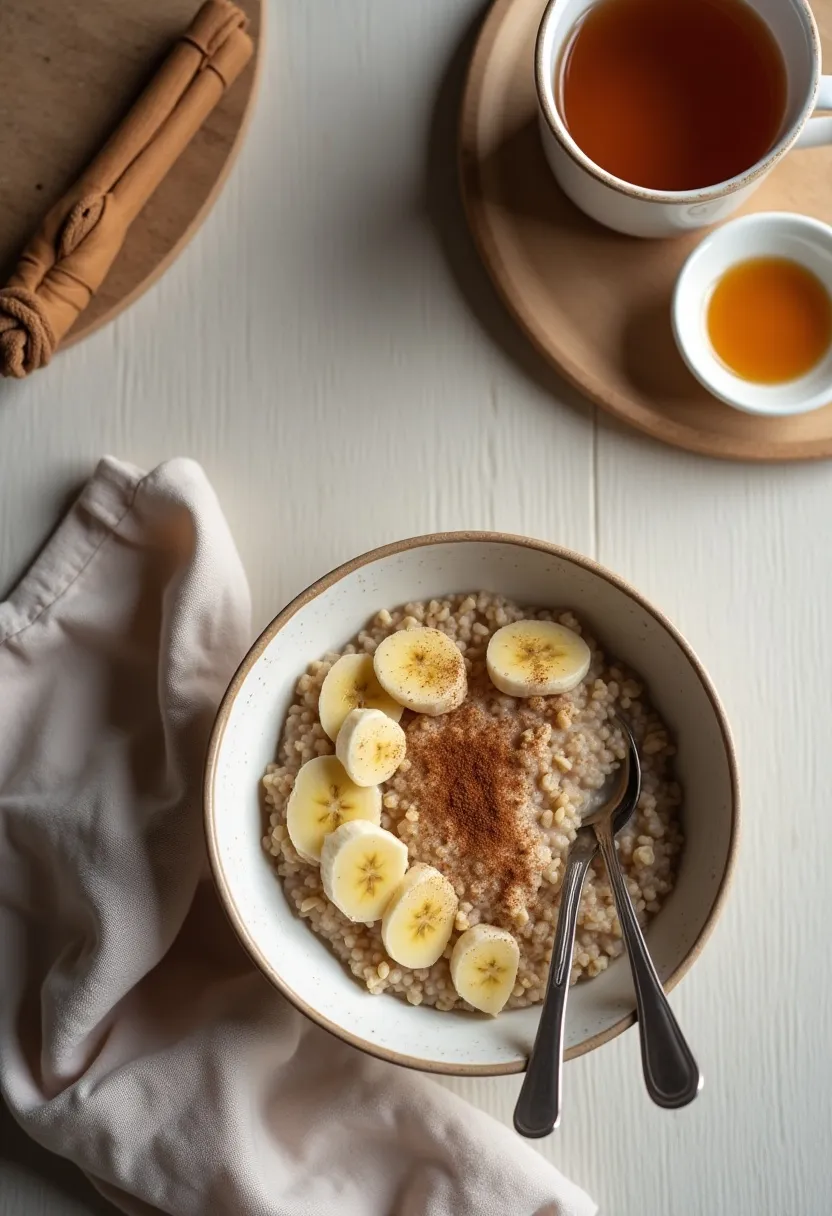 Cozy flat-lay of warm oat porridge with banana, cinnamon, and herbal tea arranged as a calming nighttime snack.