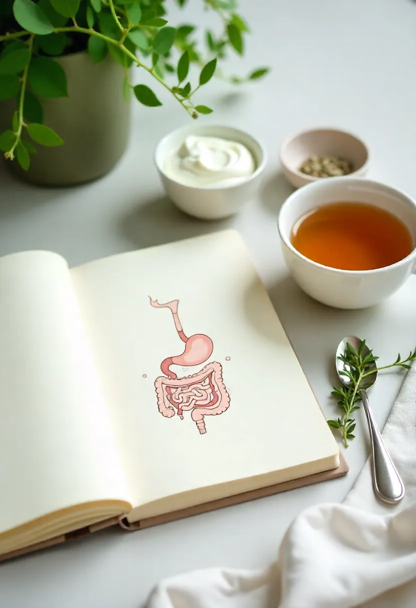 Cozy scene with notebook, yogurt bowl, herbs, and tea symbolizing gut health and the idea of a balanced microbiome.