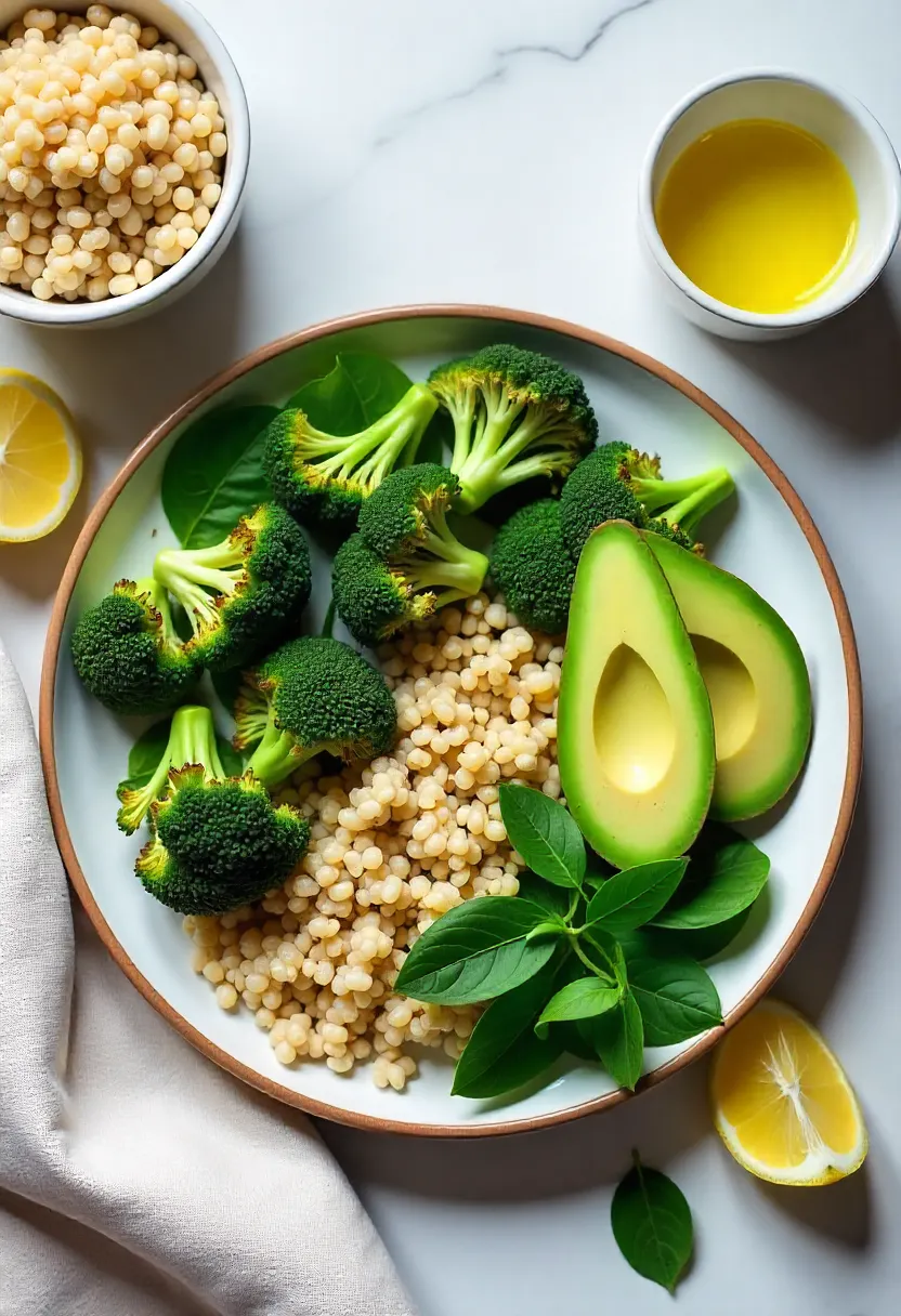 Wholesome detox meal with vegetables, leafy greens, quinoa, avocado, and lemon on a natural minimalist table.