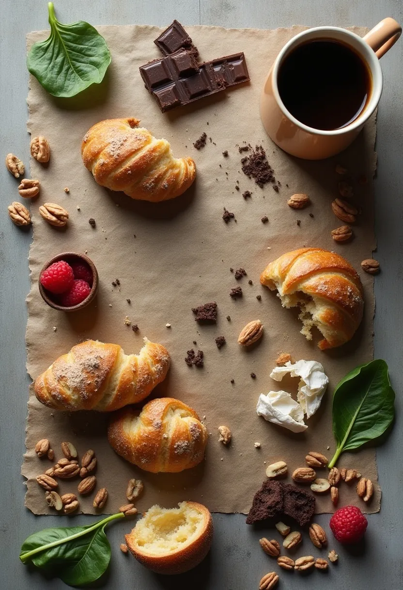 Editorial flat-lay showing stress-driven snacks like pastries, chocolate, coffee, and crumbs alongside a few calming whole foods.