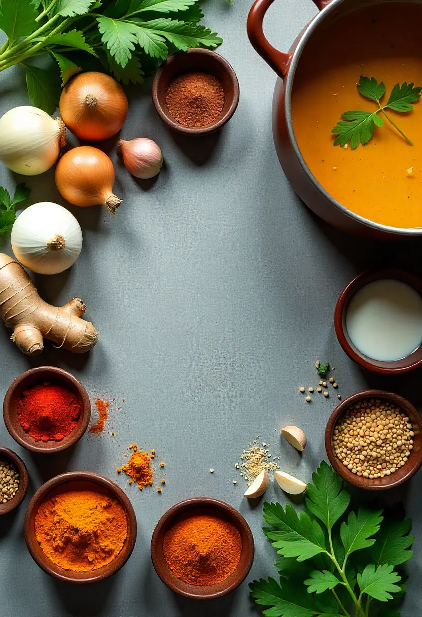 Healthy curry ingredients including turmeric, ginger, garlic, spices, lentils, greens, and coconut milk arranged on a rustic kitchen surface with a bowl of curry.