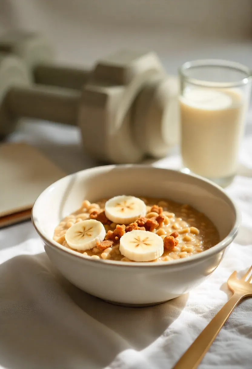Healthy scene with oatmeal, smoothie, and light weights symbolizing nutrition and exercise for healthy weight gain.