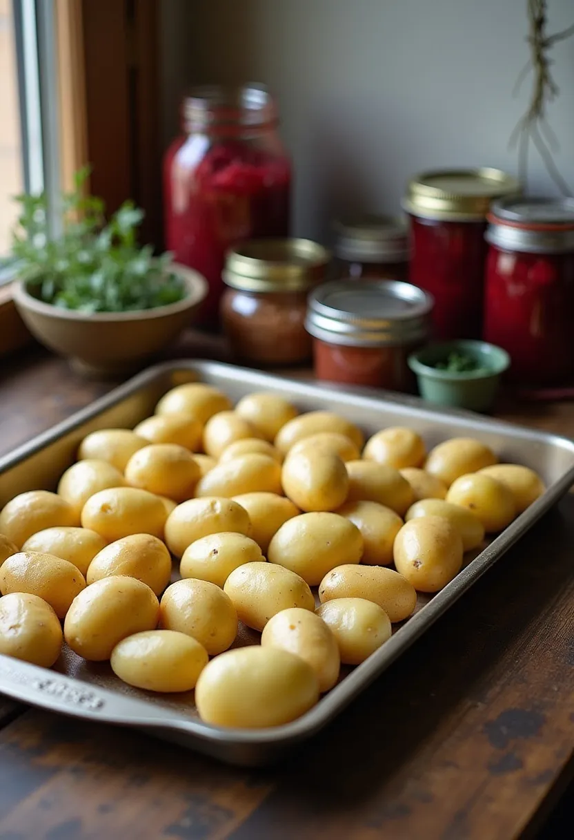 Organized make-ahead Christmas ingredients like parboiled potatoes, cranberry sauce, and herbs arranged on a rustic kitchen surface.