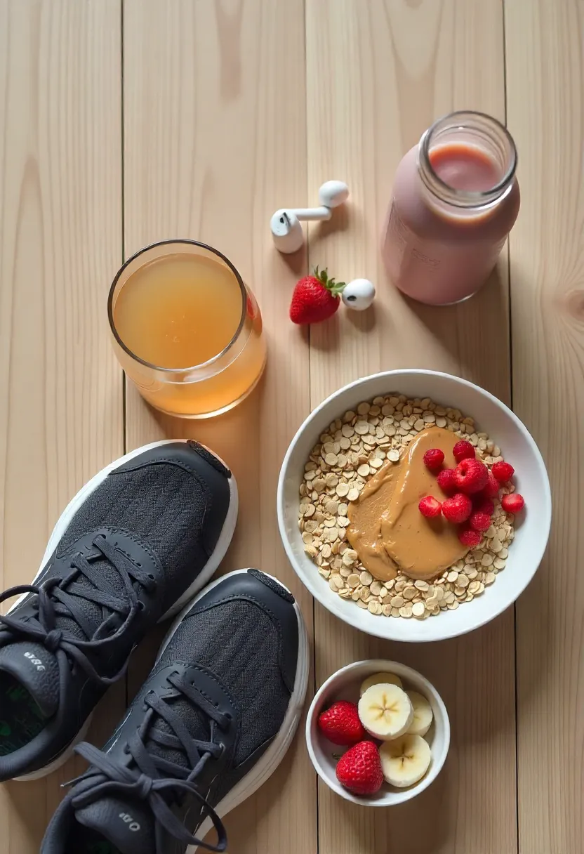 Running fuel setup with running shoes, electrolyte drink, oats and fruit, representing why nutrition supports runners.