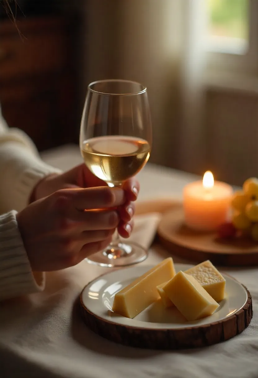 Hands holding a glass of wine near a small cheese plate in warm candlelight, symbolizing slow enjoyment and refined relaxation.