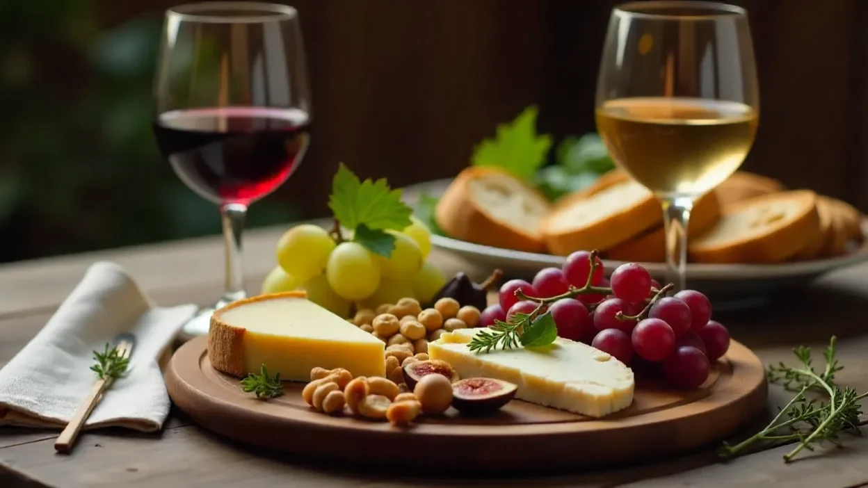 Rustic wine and cheese board with brie, cheddar, blue cheese, grapes, figs, nuts, honey, bread, and glasses of red and white wine in warm natural light.