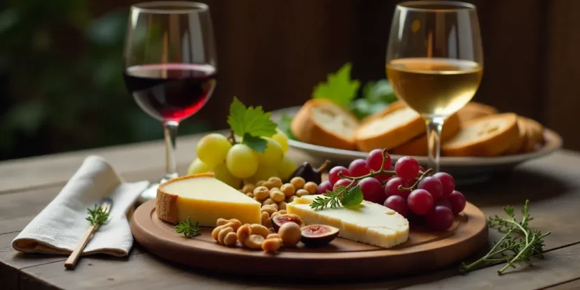 Rustic wine and cheese board with brie, cheddar, blue cheese, grapes, figs, nuts, honey, bread, and glasses of red and white wine in warm natural light.
