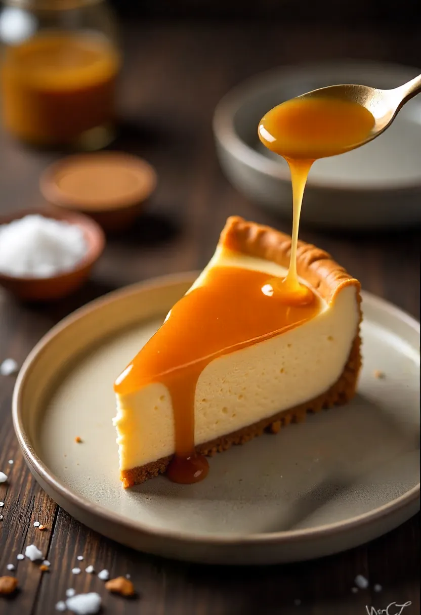 Plated slice of salted caramel cheesecake with caramel drizzle, sea salt, and a cup of coffee in a cozy setting.