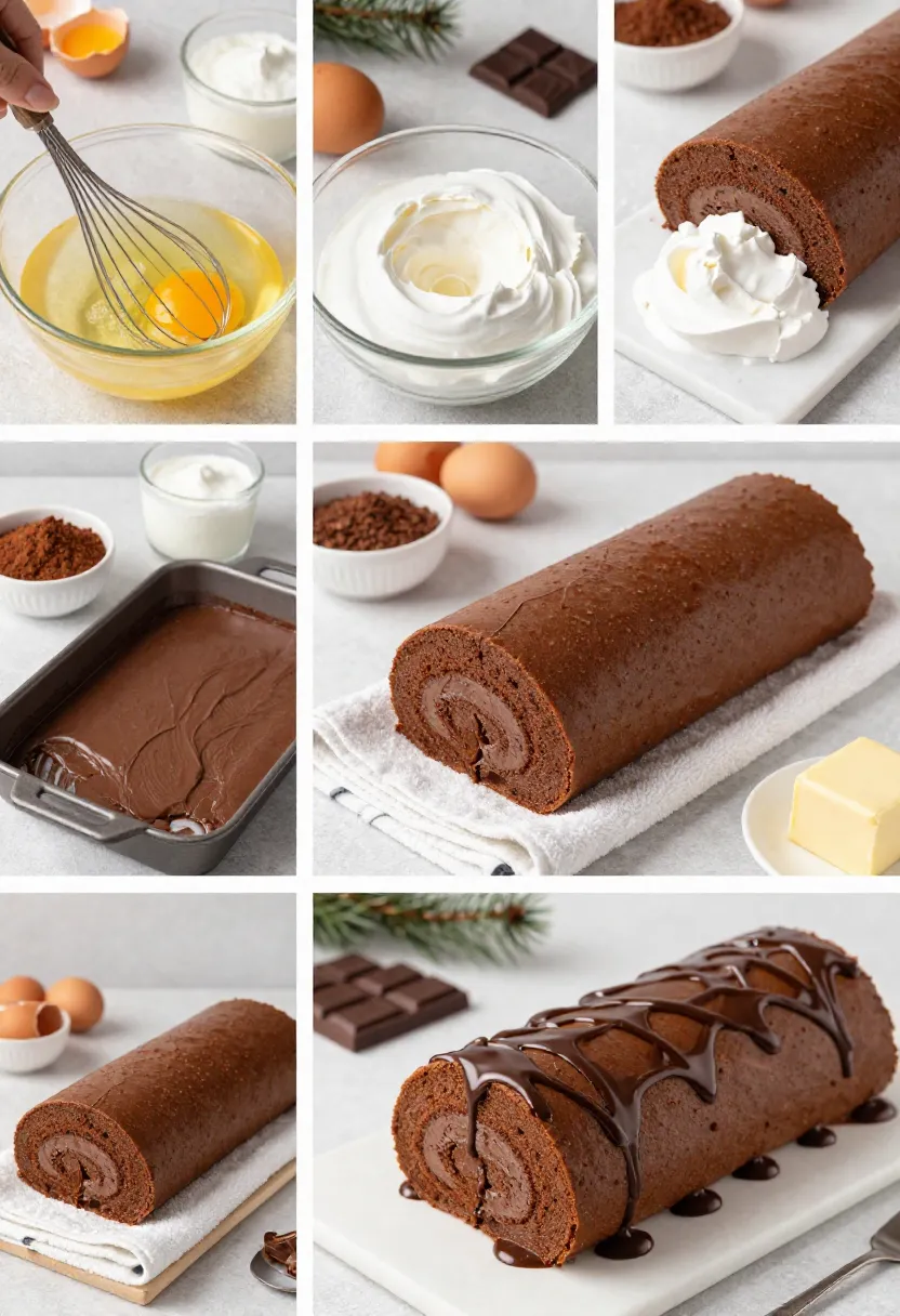 Collage of Yule Log cake preparation with ingredients, rolling sponge, and chocolate ganache coating.