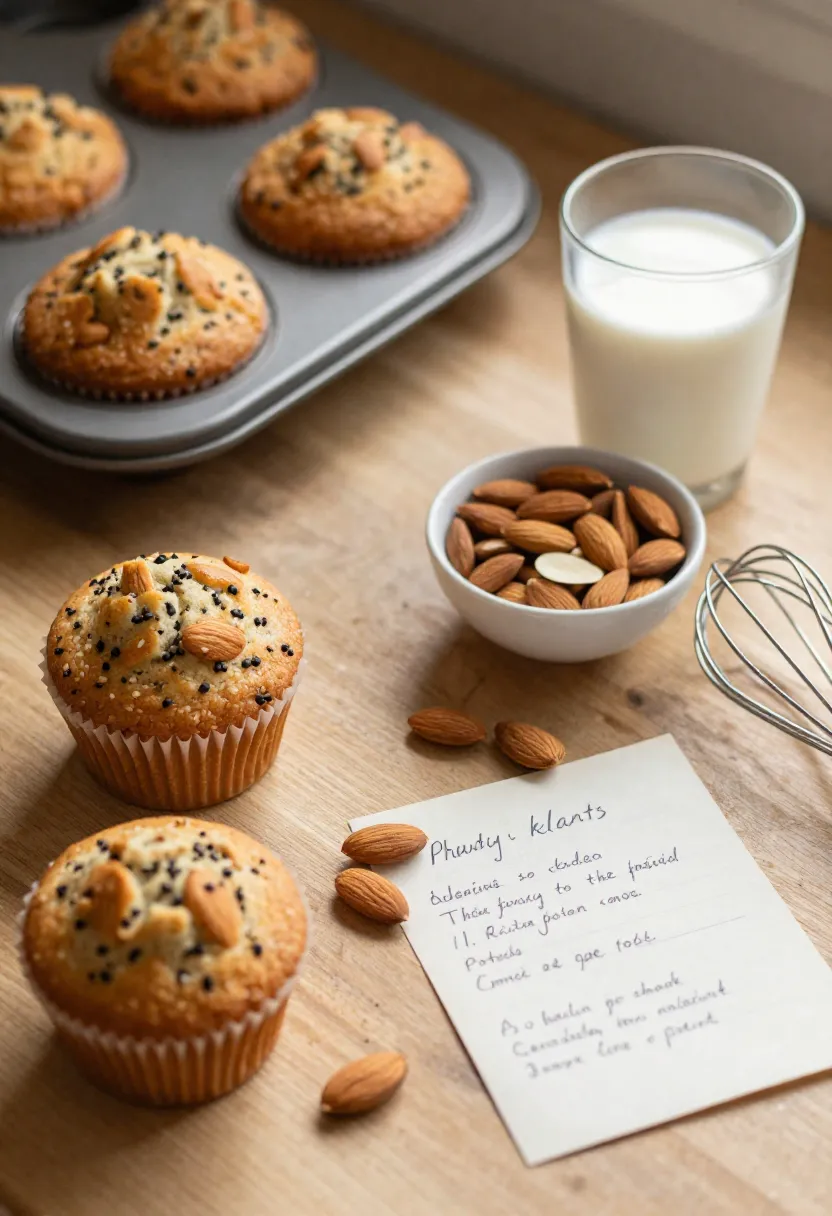 Cozy collage of almond poppy seed muffins, almonds, milk, and a handwritten recipe card.