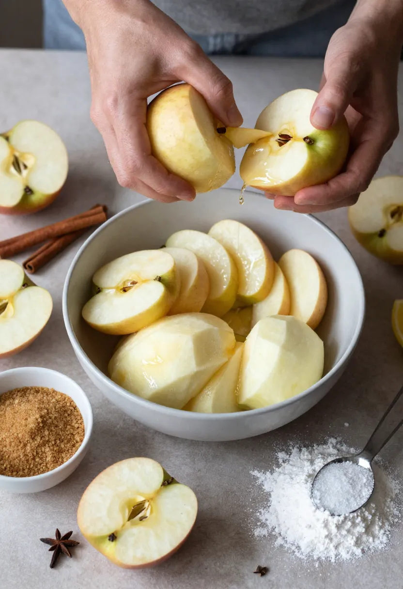Hands preparing apple pie filling with sliced apples, sugar, spices, lemon juice, and flour in a cozy kitchen setting.