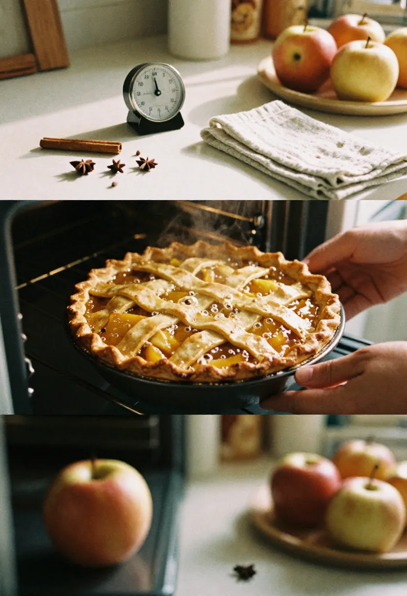 Apple pie baking in the oven with golden crust and bubbling filling, surrounded by spices and cozy kitchen elements.