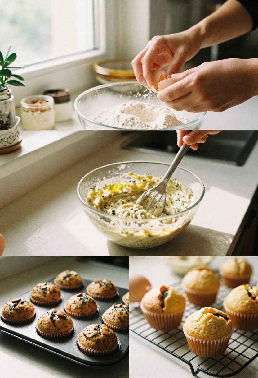 Mindful baking of almond poppy seed muffins with flour, eggs, and golden muffins cooling.