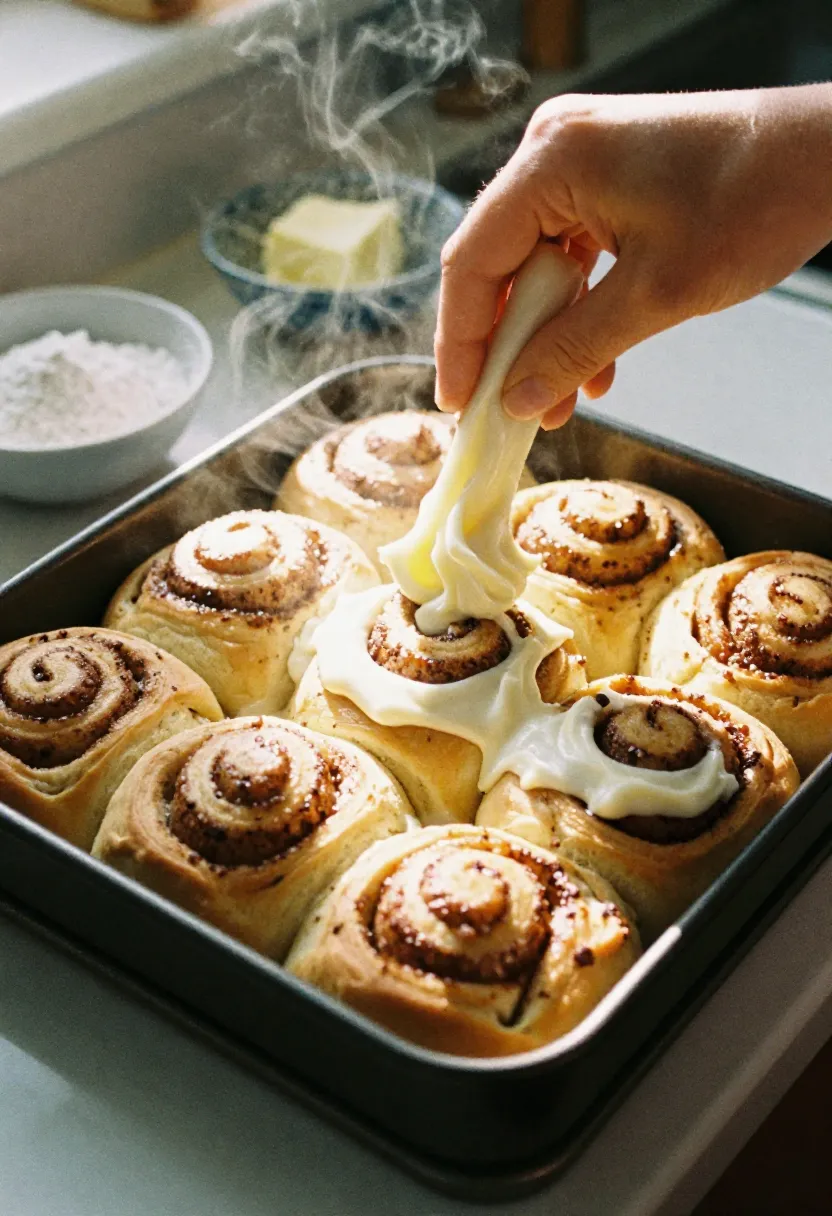 Freshly baked cinnamon rolls being frosted with cream cheese frosting in a cozy kitchen.