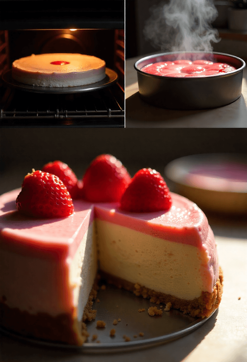 Step-by-step collage of baking a strawberry cheesecake with a water bath and slow cooling.