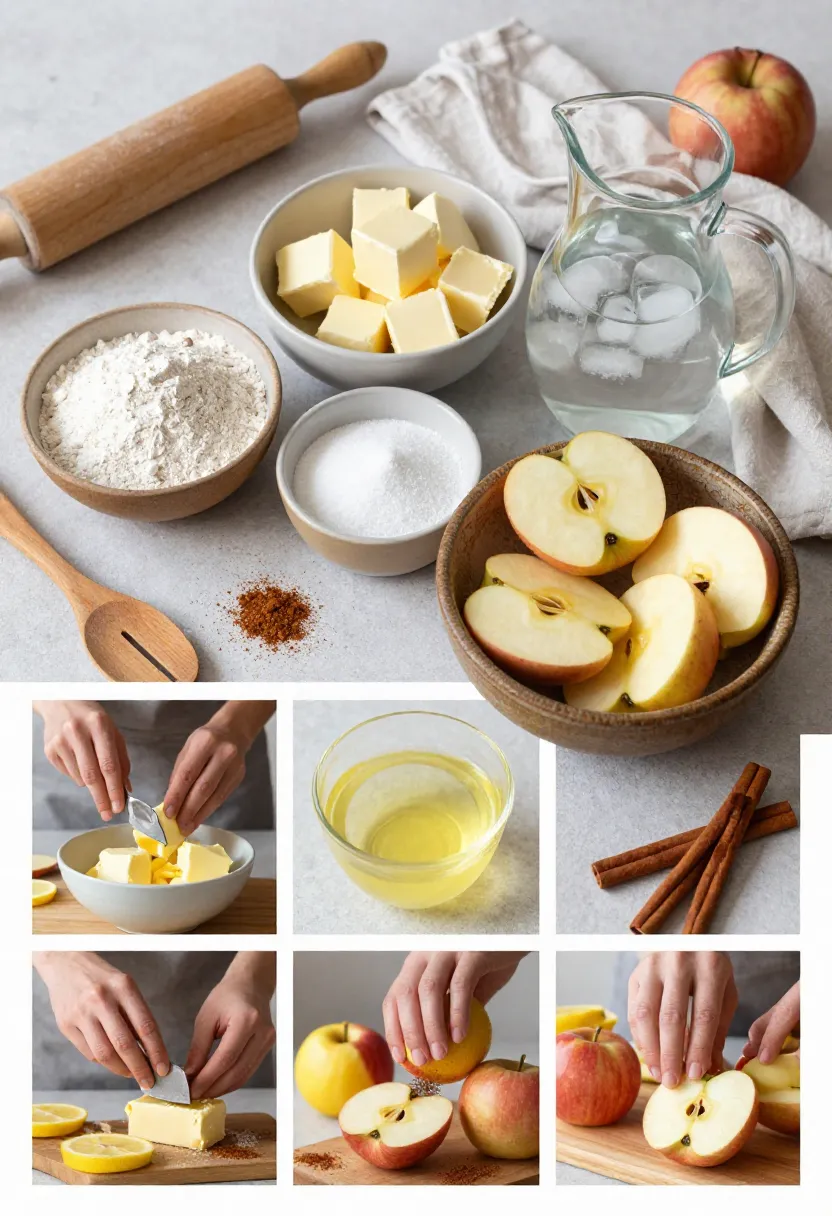 Collage of apple pie ingredients and preparation, with flour, butter, apples, spices, and hands arranging them in a cozy kitchen scene.