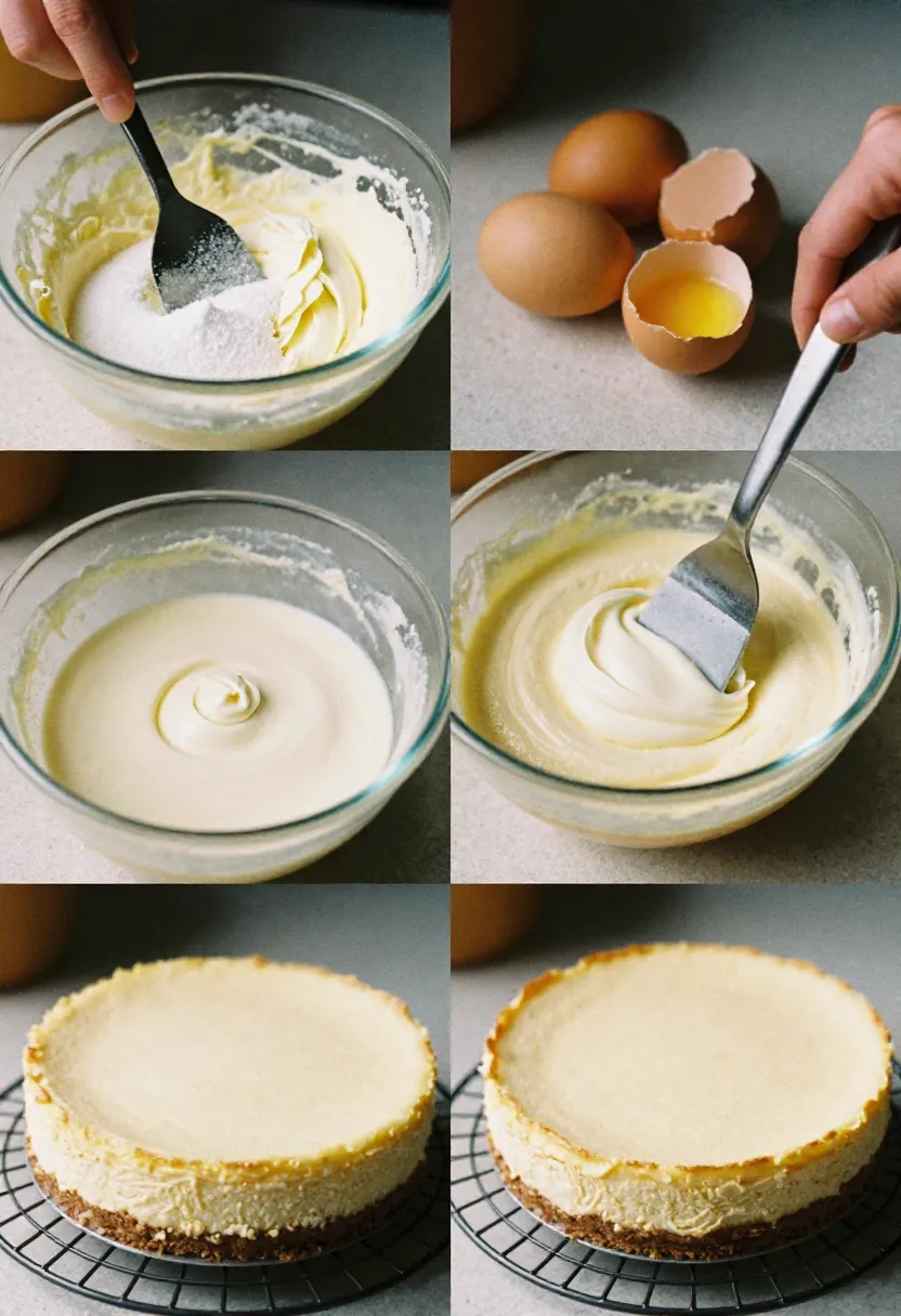 Collage showing gentle mixing, room-temperature ingredients, and cheesecake cooling on a wire rack.