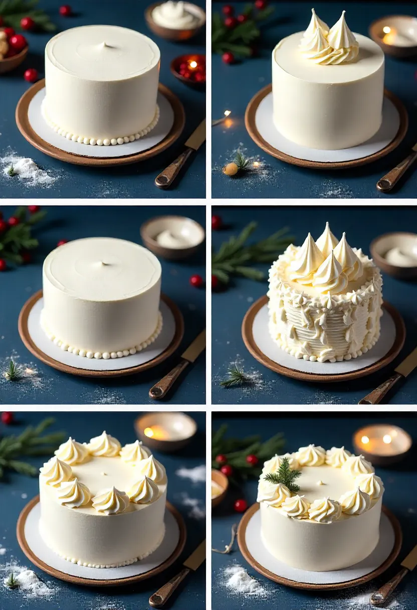 Christmas cakes decorated with smooth and textured buttercream, snowy dusting, and piped patterns.