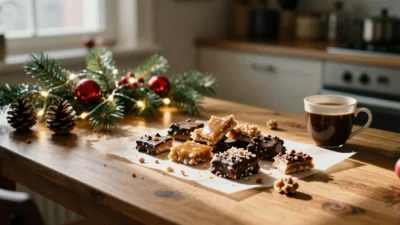 Homemade Christmas toffee on a wooden table with chocolate, nuts, and festive holiday decorations.