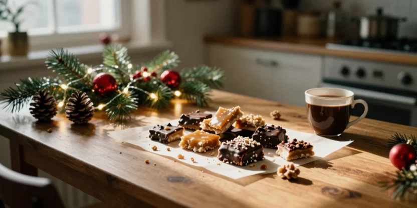 Homemade Christmas toffee on a wooden table with chocolate, nuts, and festive holiday decorations.