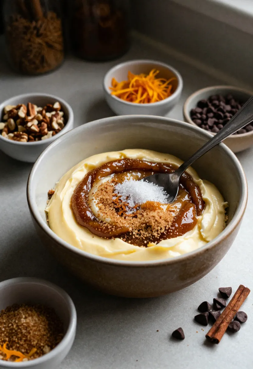 Bowl of cinnamon filling with butter, brown sugar, spices, and optional nuts and chocolate chips.