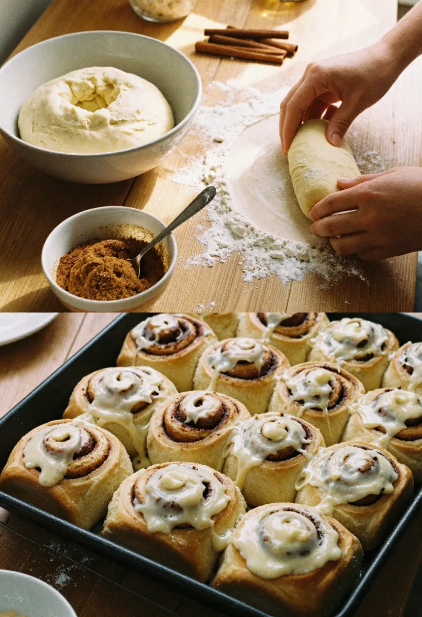 Collage of cinnamon roll ingredients and baking process: dough, cinnamon filling, baked rolls with frosting, and hands shaping dough.