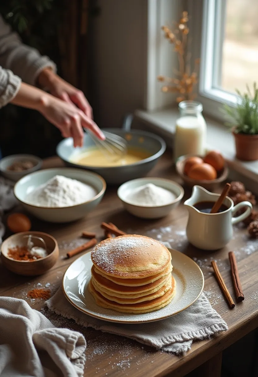 Cozy kitchen collage showing ingredients, batter, and pancakes being made for a comforting breakfast.