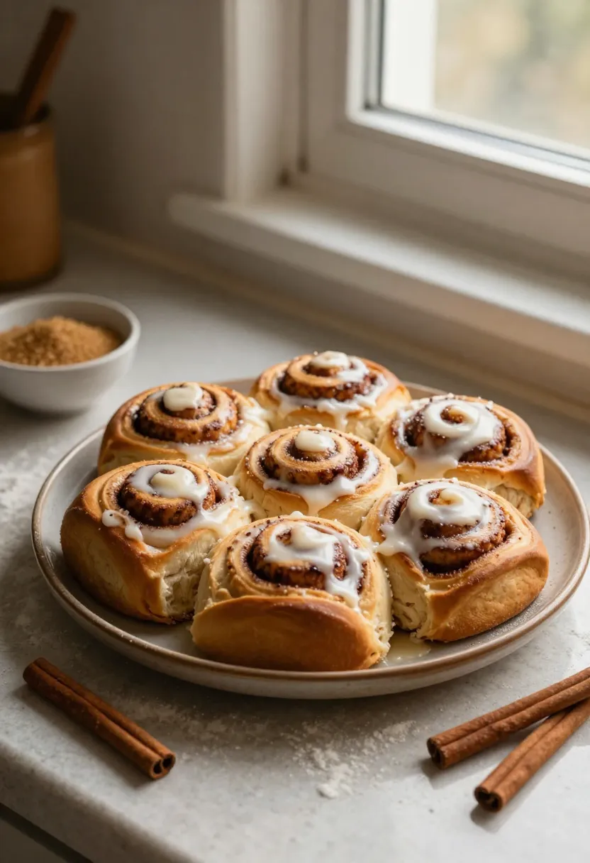 Homemade cinnamon rolls with melted frosting on a rustic plate in a cozy, sunlit kitchen.