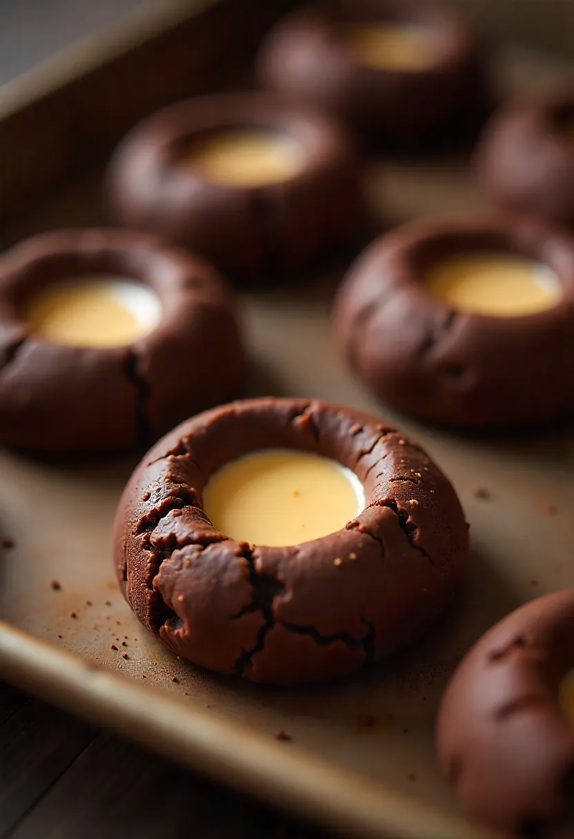 Chocolate thumbprint cookies with soft centers and sugar-coated edges, ready for custard filling.