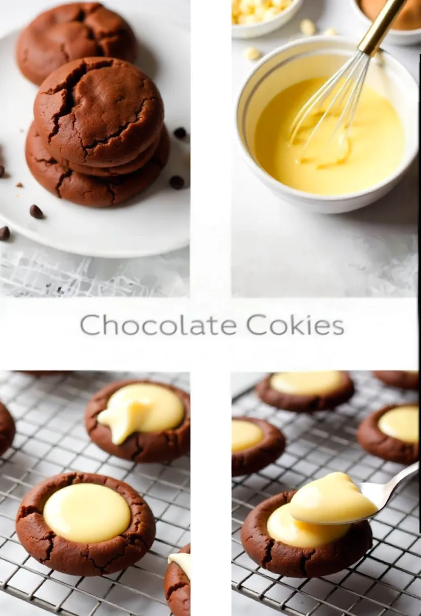 Chocolate thumbprint cookies with custard, dough, and whisk in a cozy kitchen collage.