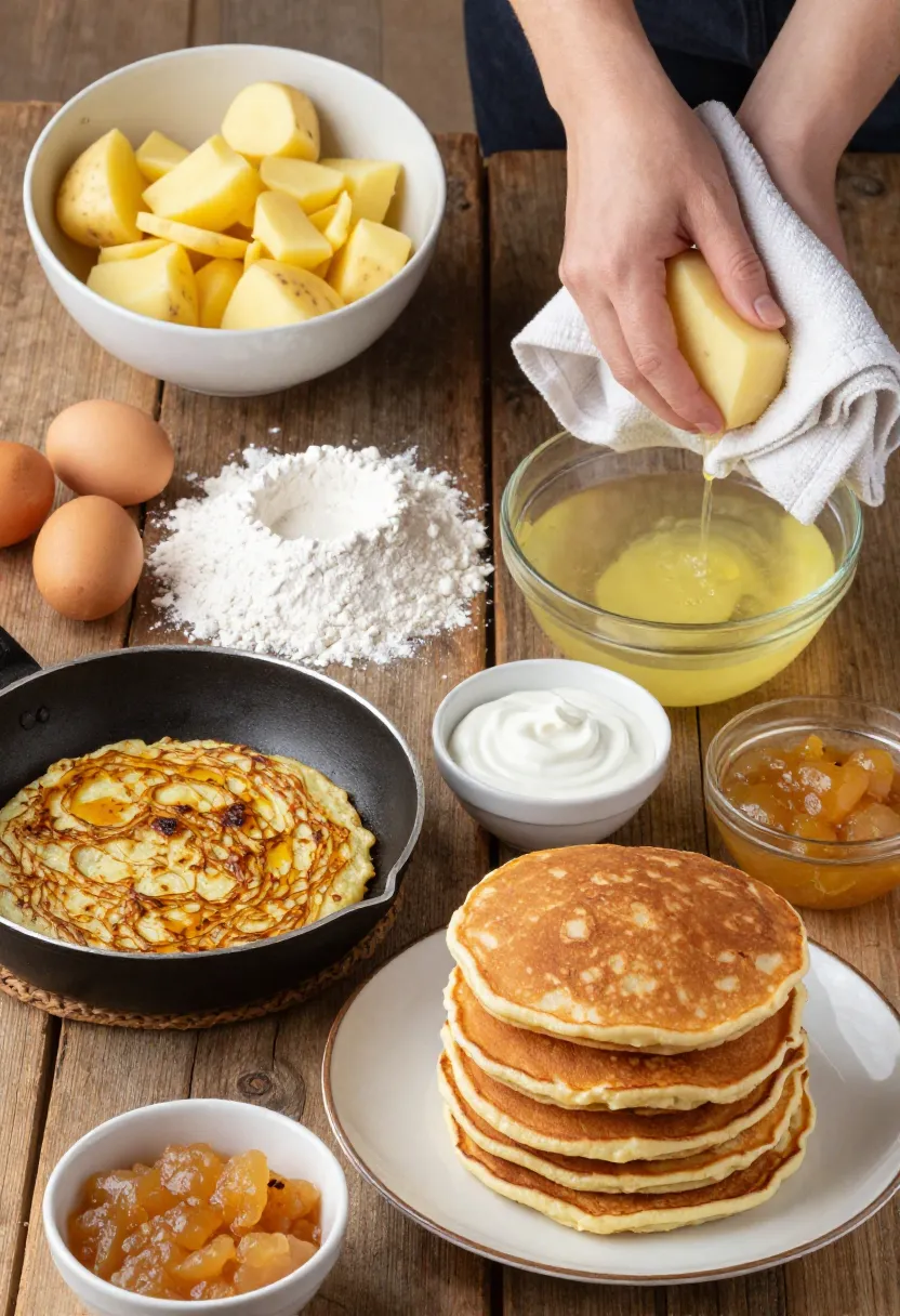 Stack of golden potato pancakes with sour cream, applesauce, and herbs in a cozy kitchen.