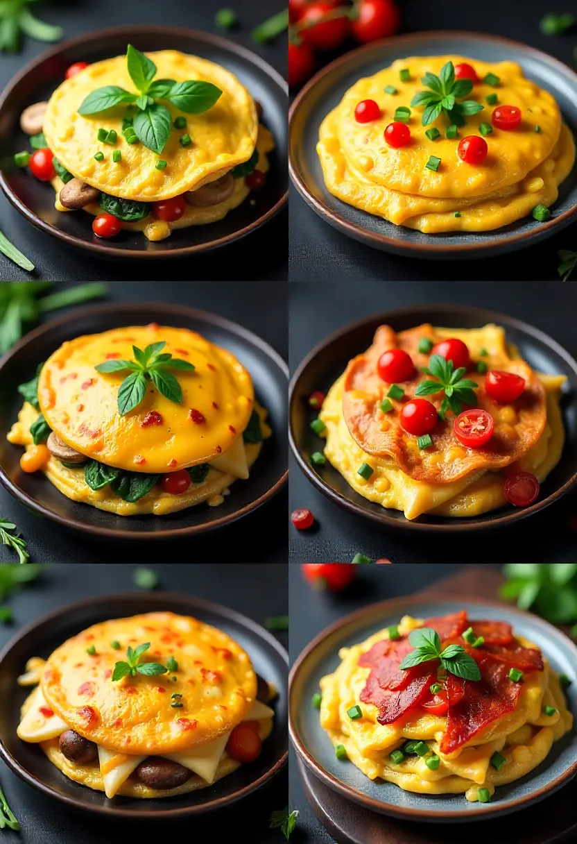 Collage of cheese omelette variations: herbs, veggies, spices, cheese blends, Mediterranean, and meat versions.