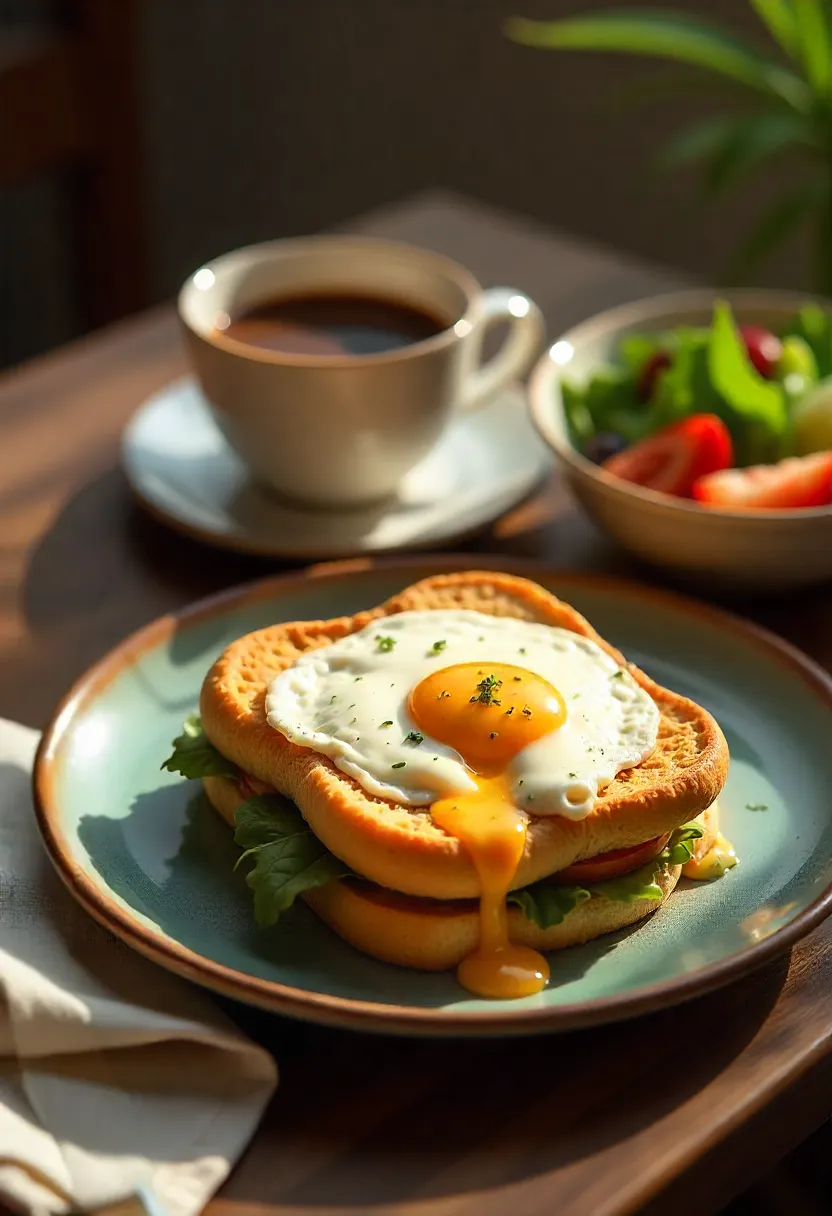 Close-up of a Croque Madame with melted cheese, ham, and a fried egg, served with coffee and fruit on a cozy breakfast table.