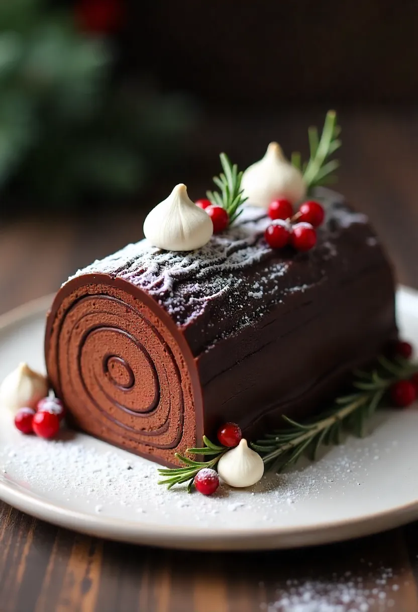 Collage of decorating a Yule Log with snow, berries, herbs, and mushrooms.