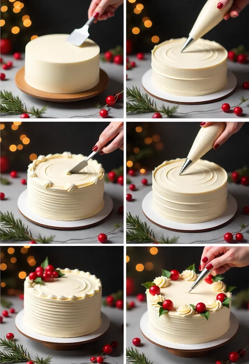 Christmas cake being decorated with buttercream, swirls, and small fondant accents in a cozy festive setting.