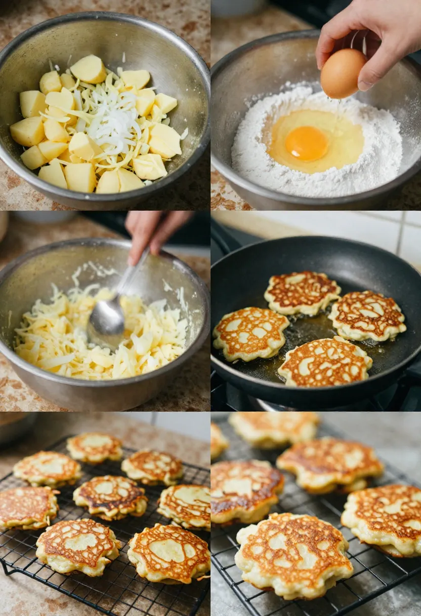 Collage showing mixing ingredients and frying golden potato pancakes in a rustic kitchen.