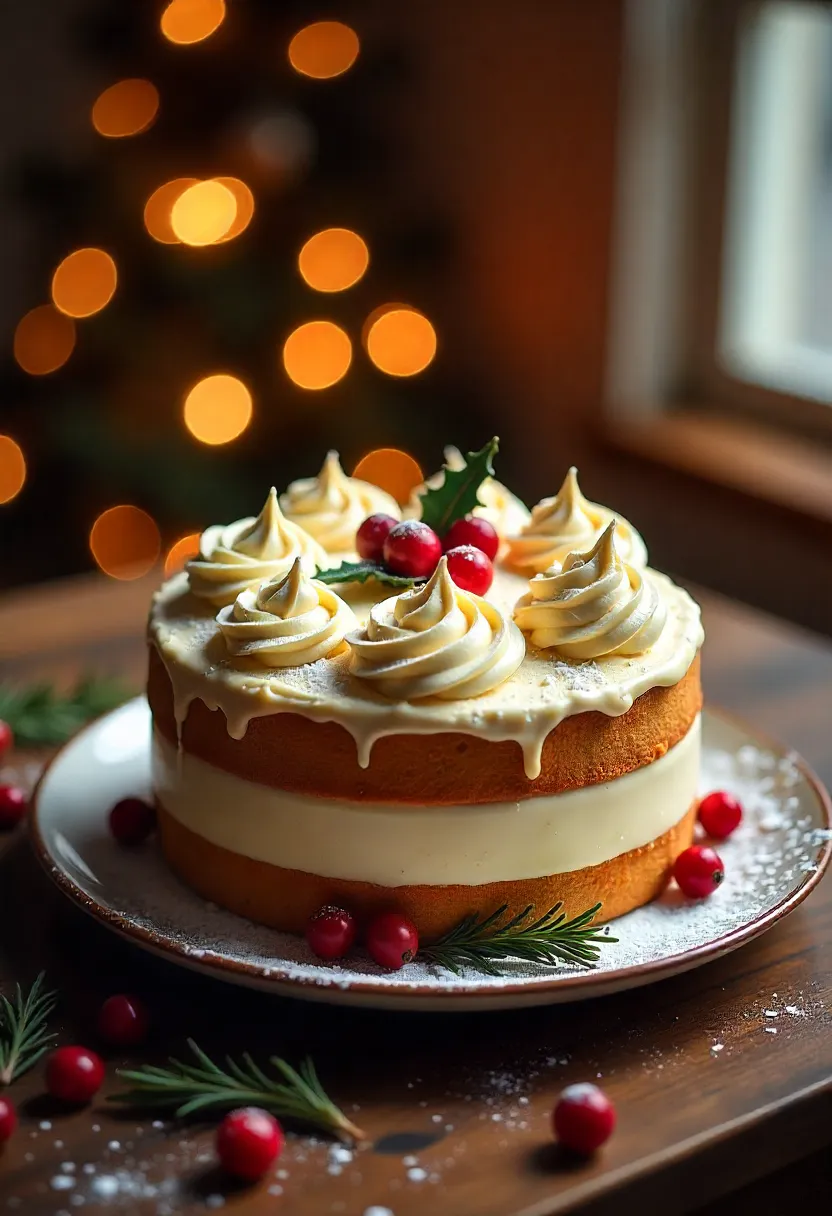 Christmas cake with buttercream, fondant holly, powdered sugar, and festive decorations.
