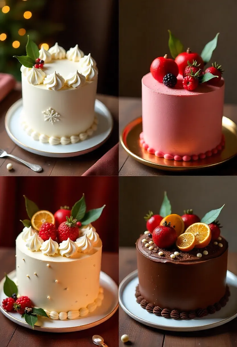 Christmas cake decorations organized by festive color palettes: white-silver, red-green, cream-gold, chocolate-bronze.