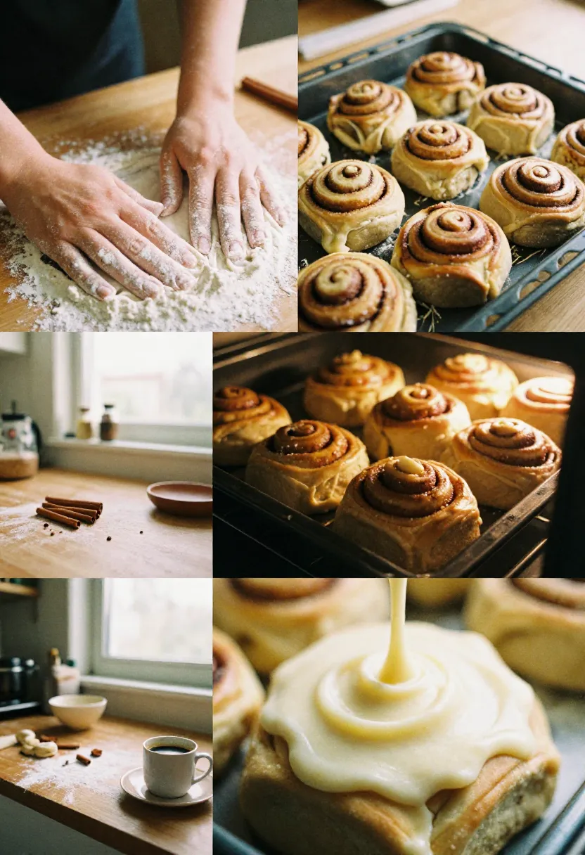 Collage of homemade cinnamon rolls: dough shaping, baking in oven, and frosting melting into spirals.